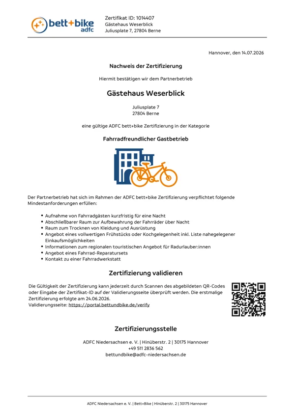 ADFC Bett+Bike Zertifikat Gästehaus Weserblick